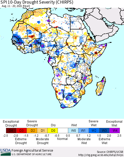 Africa SPI 10-Day Drought Severity (CHIRPS) Thematic Map For 8/11/2021 - 8/20/2021