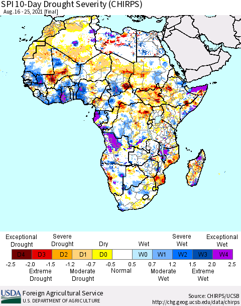 Africa SPI 10-Day Drought Severity (CHIRPS) Thematic Map For 8/16/2021 - 8/25/2021