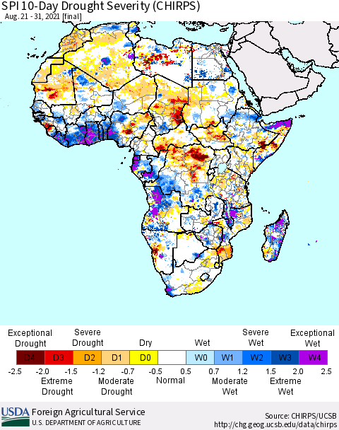 Africa SPI 10-Day Drought Severity (CHIRPS) Thematic Map For 8/21/2021 - 8/31/2021