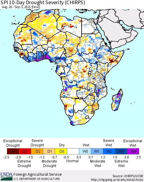 Africa SPI 10-Day Drought Severity (CHIRPS) Thematic Map For 8/26/2021 - 9/5/2021