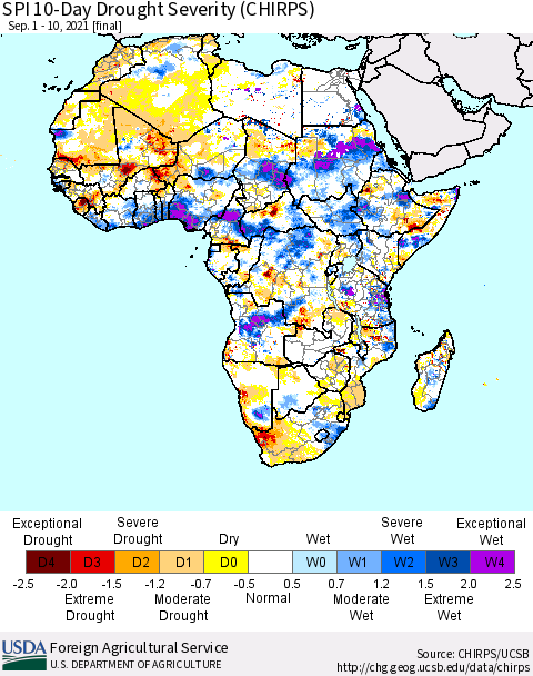 Africa SPI 10-Day Drought Severity (CHIRPS) Thematic Map For 9/1/2021 - 9/10/2021