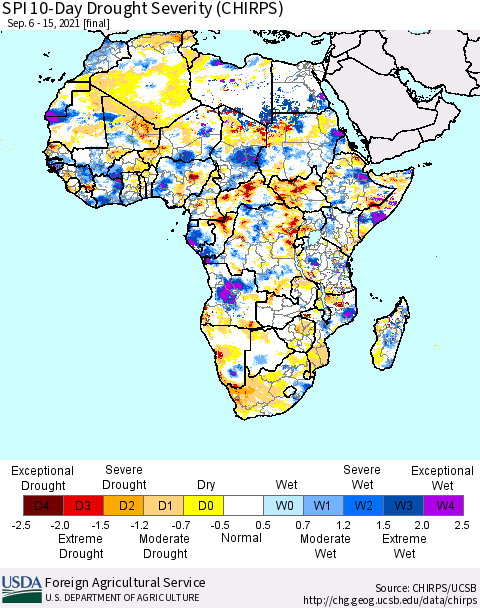 Africa SPI 10-Day Drought Severity (CHIRPS) Thematic Map For 9/6/2021 - 9/15/2021