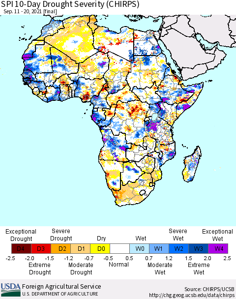 Africa SPI 10-Day Drought Severity (CHIRPS) Thematic Map For 9/11/2021 - 9/20/2021