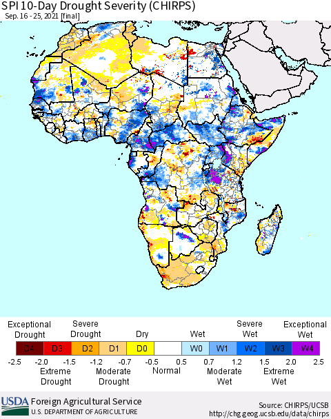 Africa SPI 10-Day Drought Severity (CHIRPS) Thematic Map For 9/16/2021 - 9/25/2021