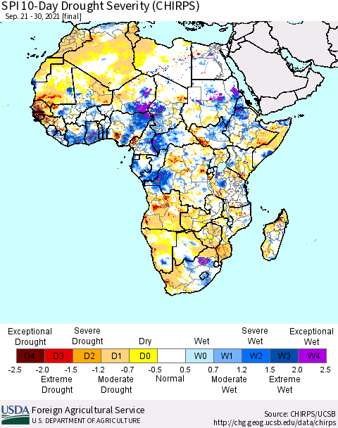 Africa SPI 10-Day Drought Severity (CHIRPS) Thematic Map For 9/21/2021 - 9/30/2021