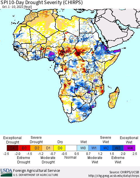 Africa SPI 10-Day Drought Severity (CHIRPS) Thematic Map For 10/1/2021 - 10/10/2021