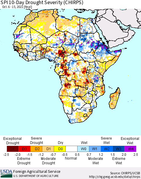 Africa SPI 10-Day Drought Severity (CHIRPS) Thematic Map For 10/6/2021 - 10/15/2021