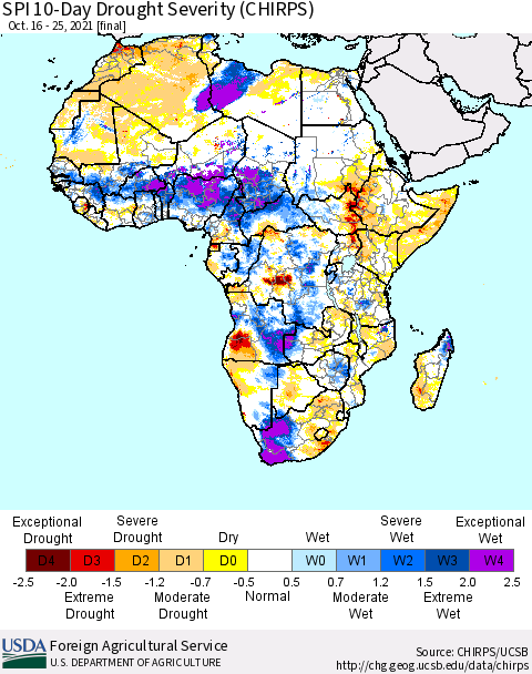 Africa SPI 10-Day Drought Severity (CHIRPS) Thematic Map For 10/16/2021 - 10/25/2021
