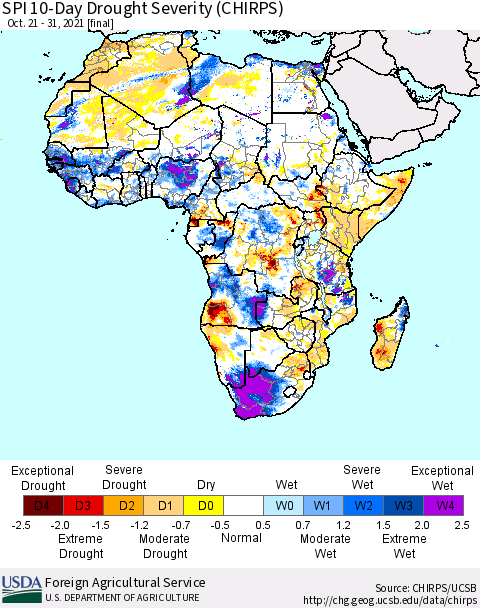 Africa SPI 10-Day Drought Severity (CHIRPS) Thematic Map For 10/21/2021 - 10/31/2021