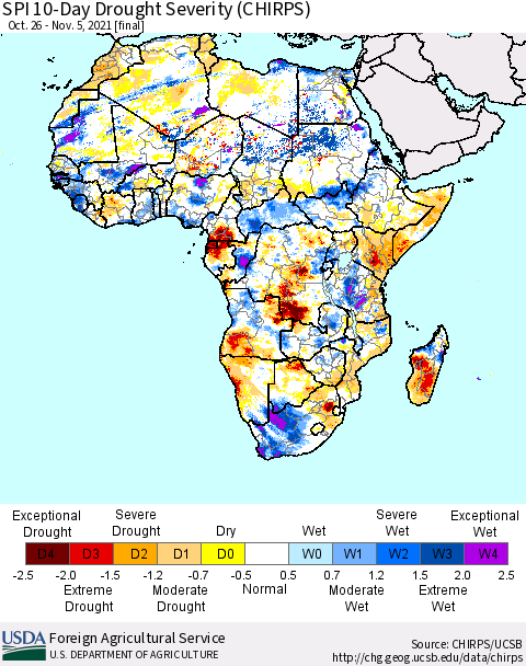 Africa SPI 10-Day Drought Severity (CHIRPS) Thematic Map For 10/26/2021 - 11/5/2021