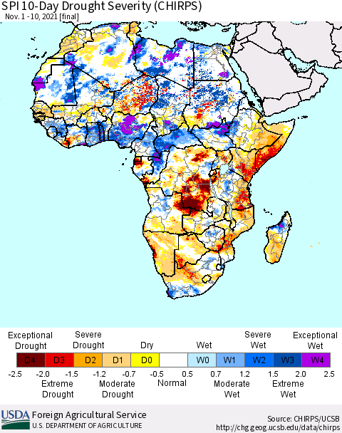 Africa SPI 10-Day Drought Severity (CHIRPS) Thematic Map For 11/1/2021 - 11/10/2021