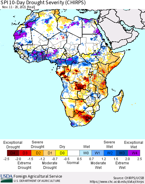 Africa SPI 10-Day Drought Severity (CHIRPS) Thematic Map For 11/11/2021 - 11/20/2021