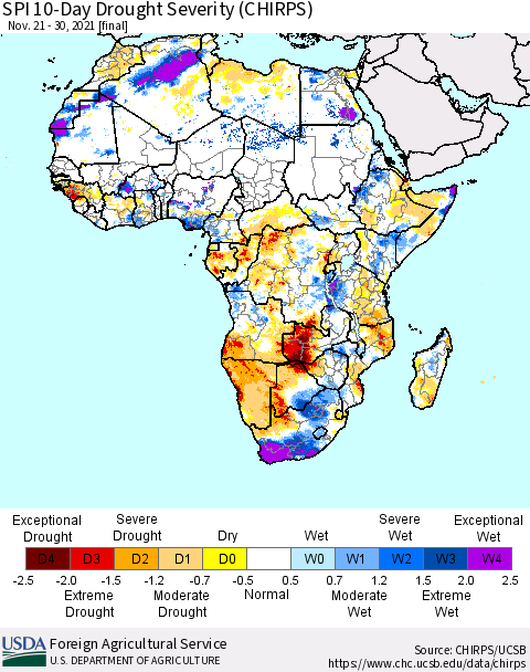 Africa SPI 10-Day Drought Severity (CHIRPS) Thematic Map For 11/21/2021 - 11/30/2021