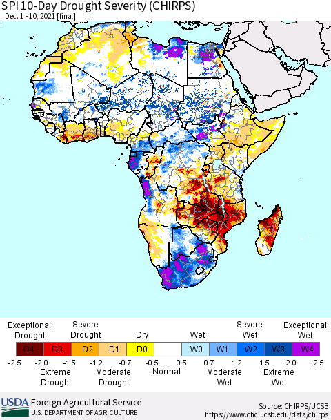 Africa SPI 10-Day Drought Severity (CHIRPS) Thematic Map For 12/1/2021 - 12/10/2021