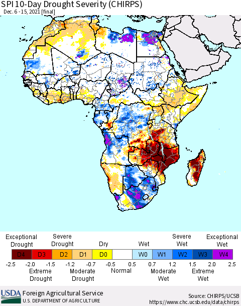 Africa SPI 10-Day Drought Severity (CHIRPS) Thematic Map For 12/6/2021 - 12/15/2021