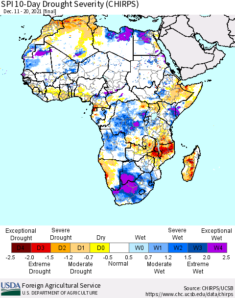 Africa SPI 10-Day Drought Severity (CHIRPS) Thematic Map For 12/11/2021 - 12/20/2021