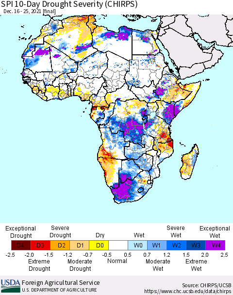 Africa SPI 10-Day Drought Severity (CHIRPS) Thematic Map For 12/16/2021 - 12/25/2021