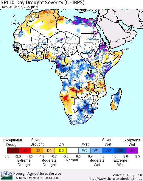 Africa SPI 10-Day Drought Severity (CHIRPS) Thematic Map For 12/26/2021 - 1/5/2022