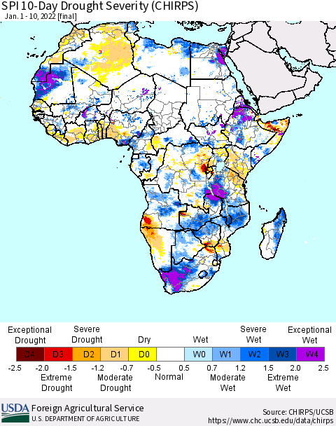 Africa SPI 10-Day Drought Severity (CHIRPS) Thematic Map For 1/1/2022 - 1/10/2022