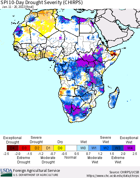 Africa SPI 10-Day Drought Severity (CHIRPS) Thematic Map For 1/11/2022 - 1/20/2022