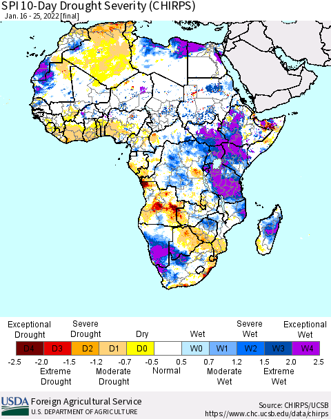 Africa SPI 10-Day Drought Severity (CHIRPS) Thematic Map For 1/16/2022 - 1/25/2022