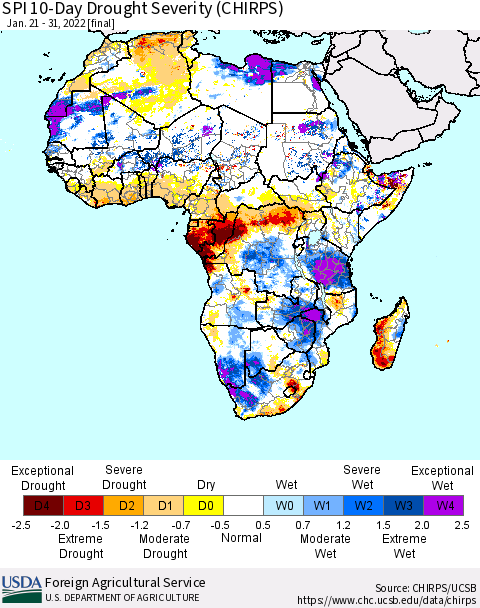 Africa SPI 10-Day Drought Severity (CHIRPS) Thematic Map For 1/21/2022 - 1/31/2022