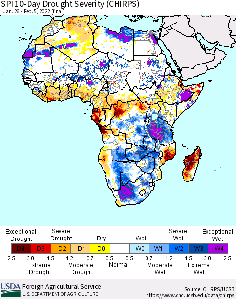 Africa SPI 10-Day Drought Severity (CHIRPS) Thematic Map For 1/26/2022 - 2/5/2022