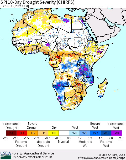 Africa SPI 10-Day Drought Severity (CHIRPS) Thematic Map For 2/6/2022 - 2/15/2022