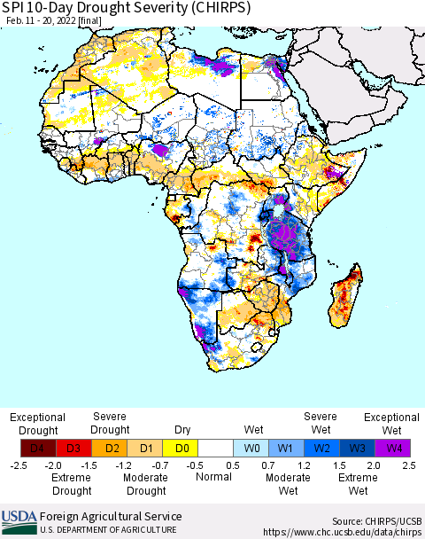 Africa SPI 10-Day Drought Severity (CHIRPS) Thematic Map For 2/11/2022 - 2/20/2022