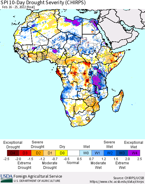 Africa SPI 10-Day Drought Severity (CHIRPS) Thematic Map For 2/16/2022 - 2/25/2022