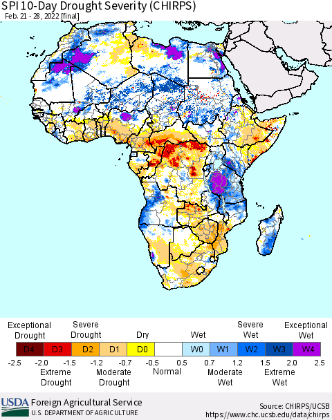 Africa SPI 10-Day Drought Severity (CHIRPS) Thematic Map For 2/21/2022 - 2/28/2022