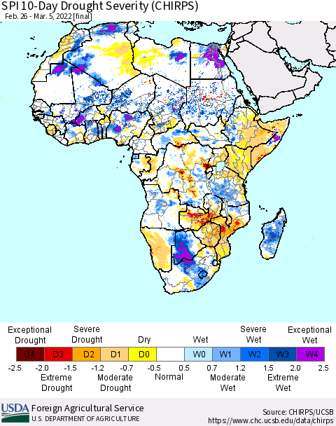 Africa SPI 10-Day Drought Severity (CHIRPS) Thematic Map For 2/26/2022 - 3/5/2022