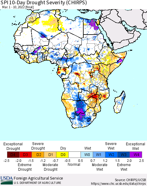 Africa SPI 10-Day Drought Severity (CHIRPS) Thematic Map For 3/1/2022 - 3/10/2022