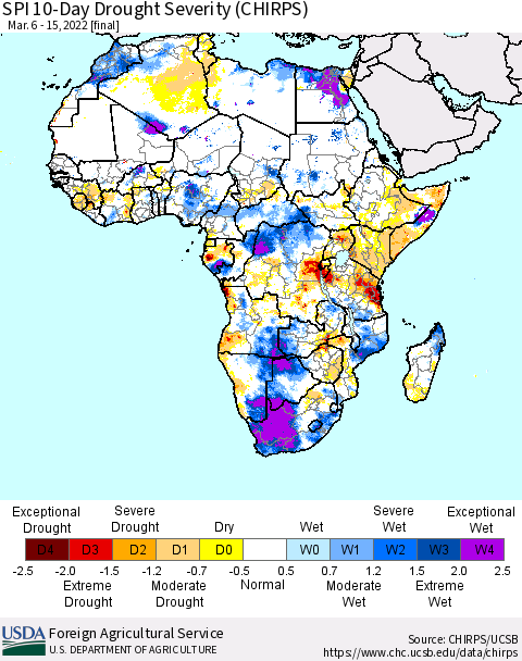 Africa SPI 10-Day Drought Severity (CHIRPS) Thematic Map For 3/6/2022 - 3/15/2022
