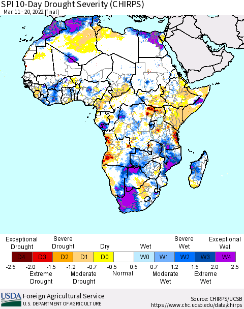Africa SPI 10-Day Drought Severity (CHIRPS) Thematic Map For 3/11/2022 - 3/20/2022
