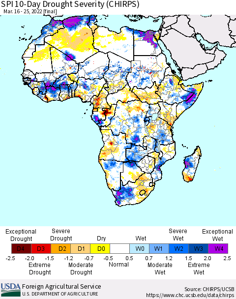 Africa SPI 10-Day Drought Severity (CHIRPS) Thematic Map For 3/16/2022 - 3/25/2022