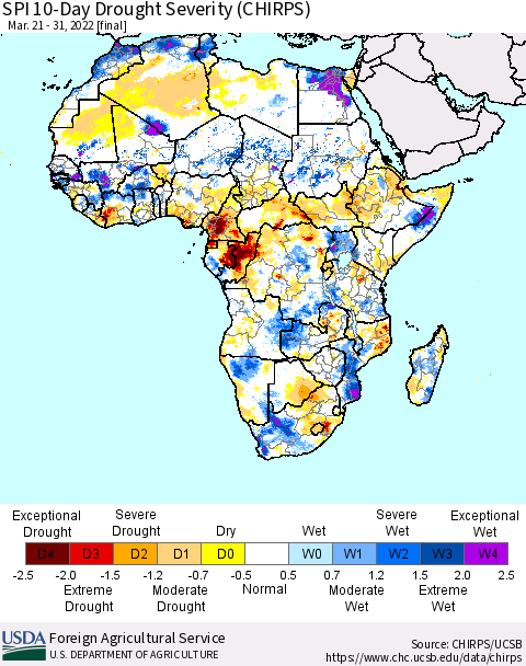 Africa SPI 10-Day Drought Severity (CHIRPS) Thematic Map For 3/21/2022 - 3/31/2022