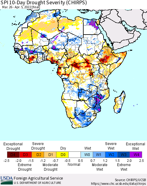Africa SPI 10-Day Drought Severity (CHIRPS) Thematic Map For 3/26/2022 - 4/5/2022