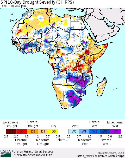 Africa SPI 10-Day Drought Severity (CHIRPS) Thematic Map For 4/1/2022 - 4/10/2022