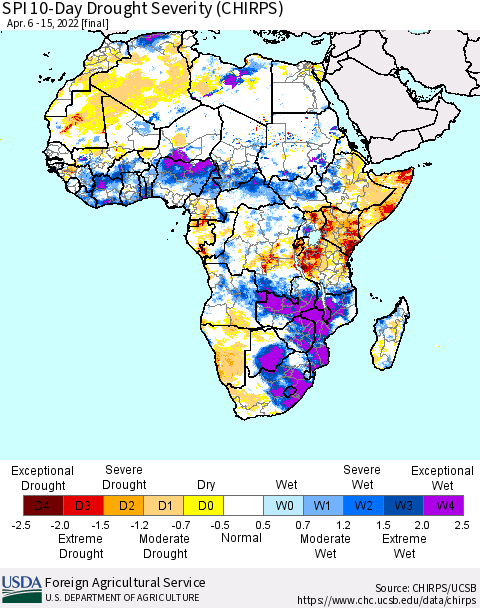 Africa SPI 10-Day Drought Severity (CHIRPS) Thematic Map For 4/6/2022 - 4/15/2022