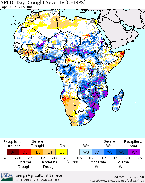 Africa SPI 10-Day Drought Severity (CHIRPS) Thematic Map For 4/16/2022 - 4/25/2022