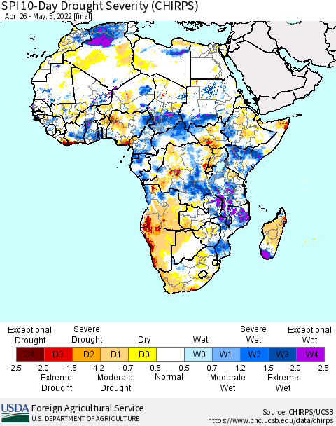 Africa SPI 10-Day Drought Severity (CHIRPS) Thematic Map For 4/26/2022 - 5/5/2022
