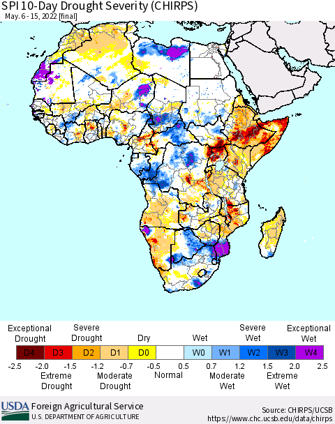 Africa SPI 10-Day Drought Severity (CHIRPS) Thematic Map For 5/6/2022 - 5/15/2022
