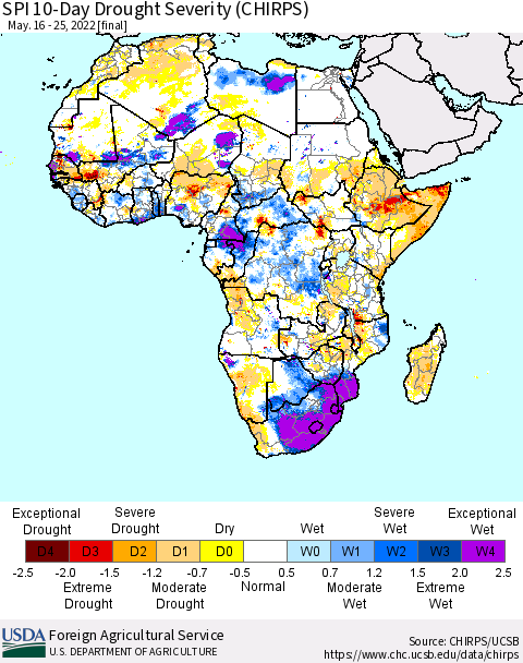 Africa SPI 10-Day Drought Severity (CHIRPS) Thematic Map For 5/16/2022 - 5/25/2022