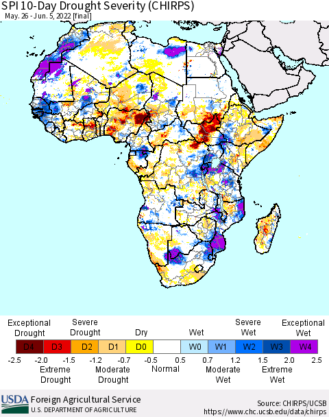 Africa SPI 10-Day Drought Severity (CHIRPS) Thematic Map For 5/26/2022 - 6/5/2022