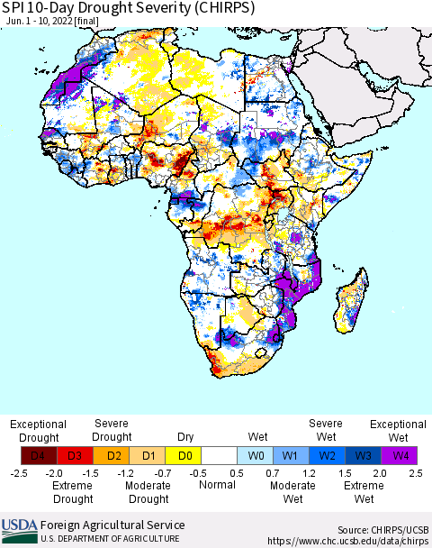 Africa SPI 10-Day Drought Severity (CHIRPS) Thematic Map For 6/1/2022 - 6/10/2022