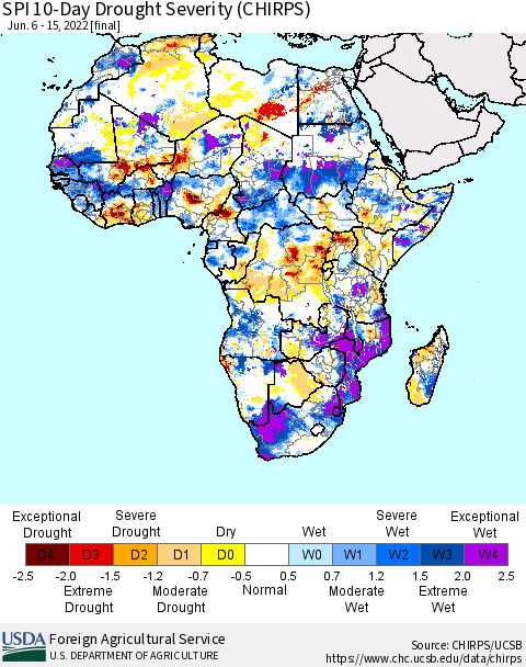 Africa SPI 10-Day Drought Severity (CHIRPS) Thematic Map For 6/6/2022 - 6/15/2022