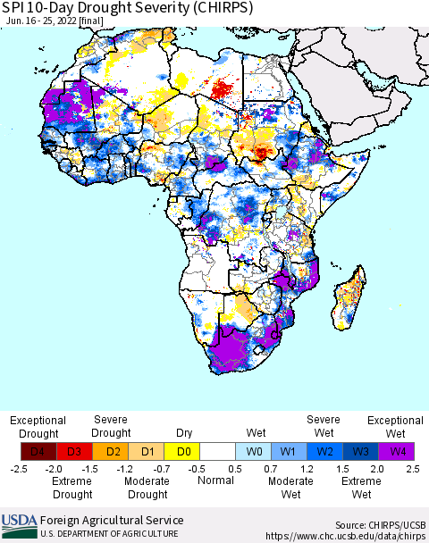 Africa SPI 10-Day Drought Severity (CHIRPS) Thematic Map For 6/16/2022 - 6/25/2022