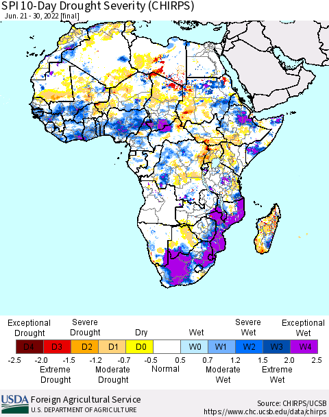 Africa SPI 10-Day Drought Severity (CHIRPS) Thematic Map For 6/21/2022 - 6/30/2022