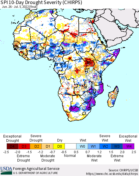Africa SPI 10-Day Drought Severity (CHIRPS) Thematic Map For 6/26/2022 - 7/5/2022